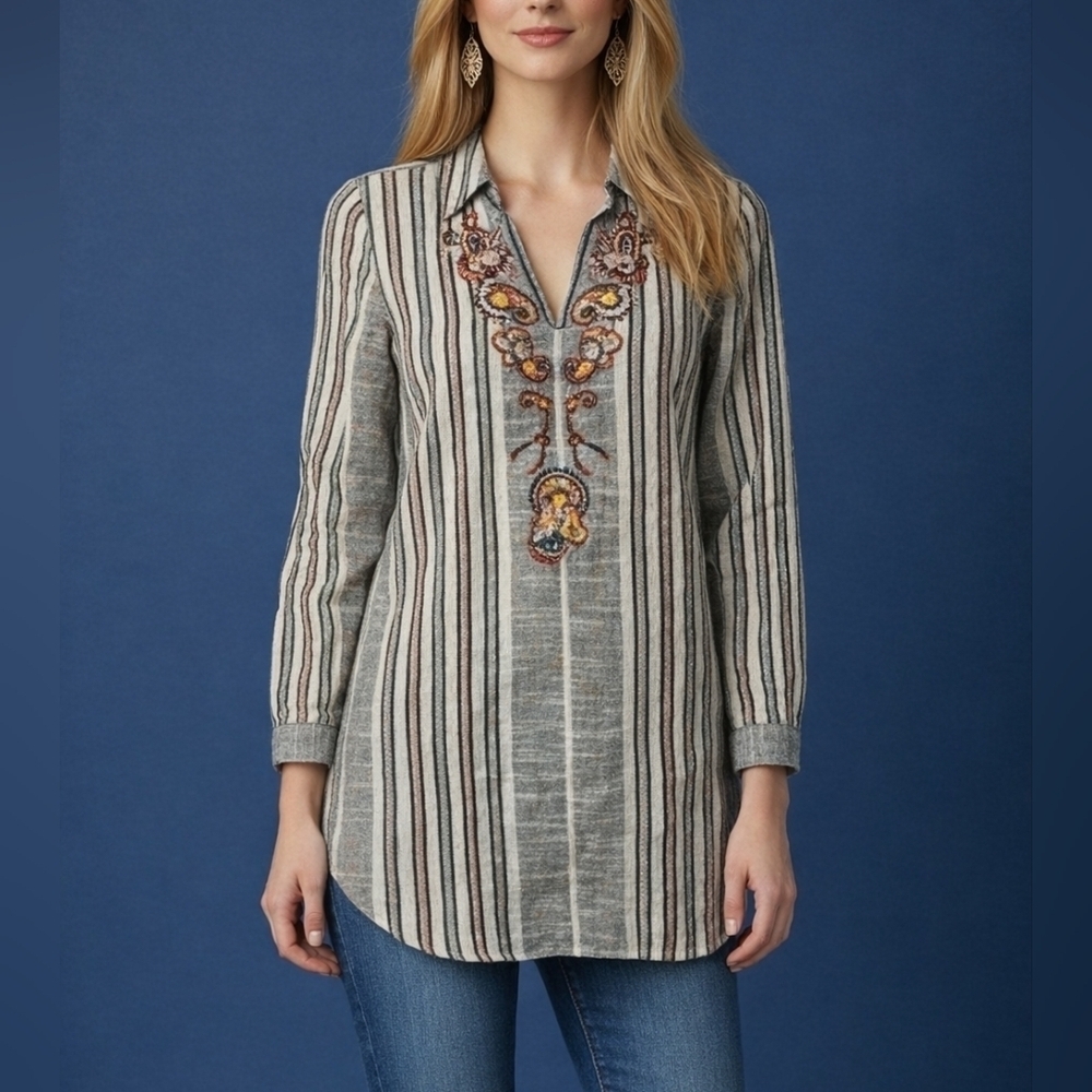 SOFT SURROUNDINGS Hungarian Embroidered Tweed Striped Aruba Fiesta Tunic